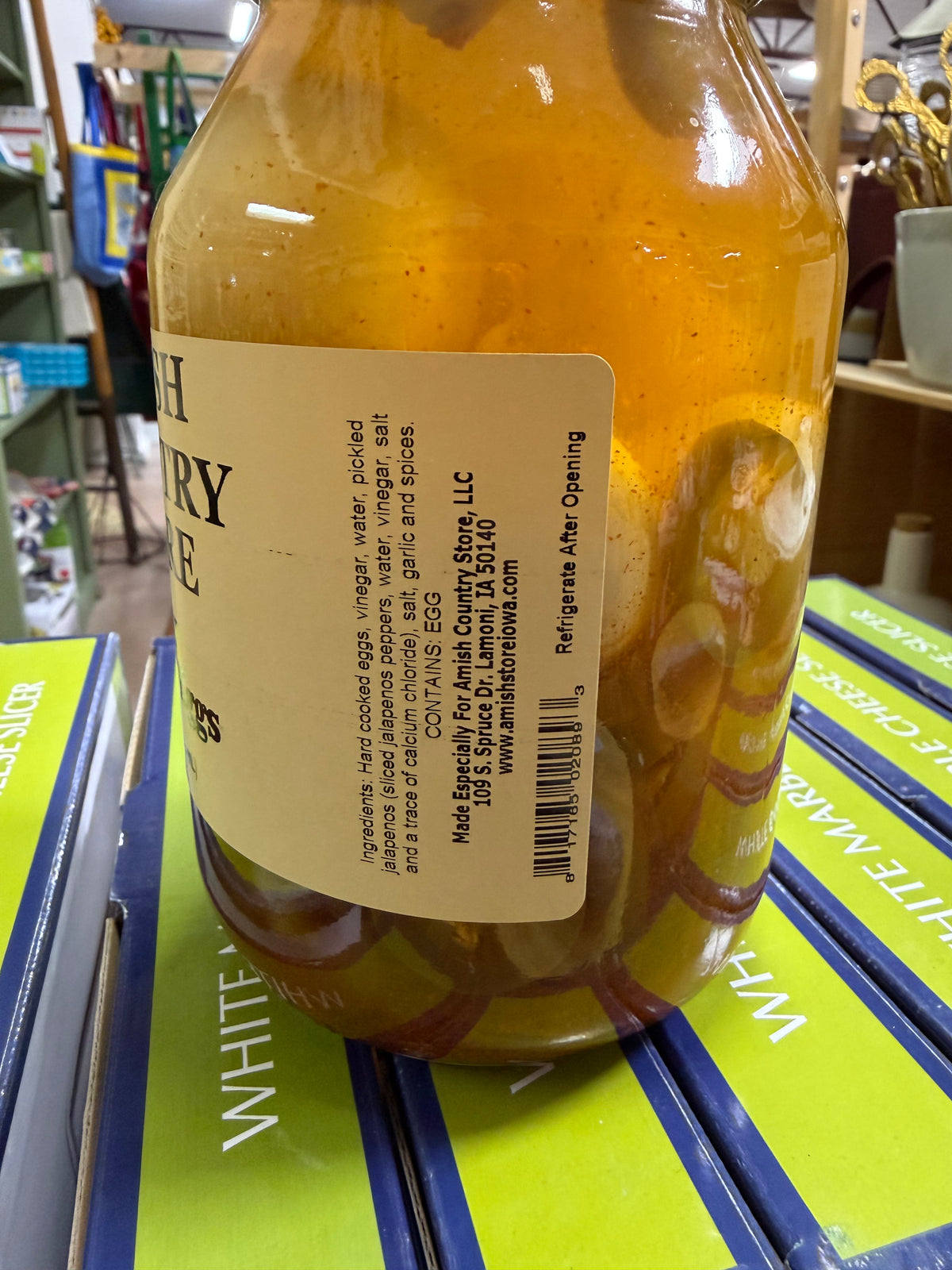 Genuine ingredient and nutrition label photograph of Spicy Pickled Eggs with Jalapeños | 32 fl oz