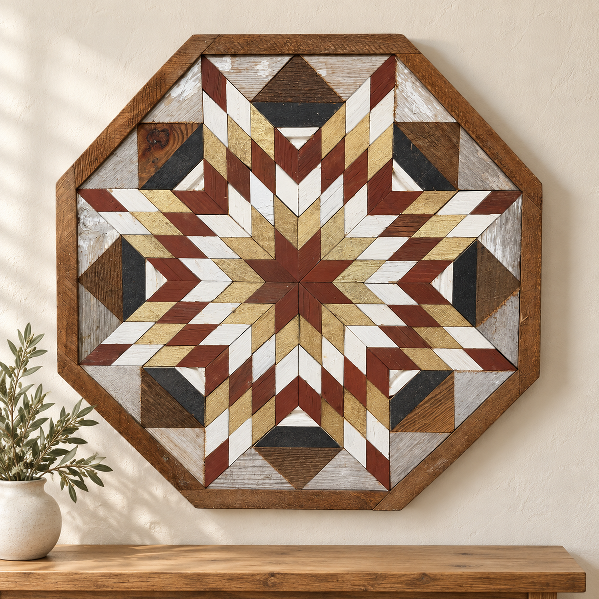 S1241 — Amish reclaimed wood barn quilt wall art, OCTAGONAL eight-sided rust-brown, metallic gold and white layered starburst with charcoal and weathered natural wood accents, displayed on an indoor wall above an oak console