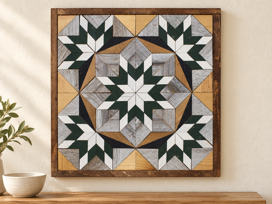 S716 — wooden barn quilt wall art, dark forest green and white layered central star with four corner partial stars, gray and natural wood details, and a white central star, shown on an indoor wall in a styled home display