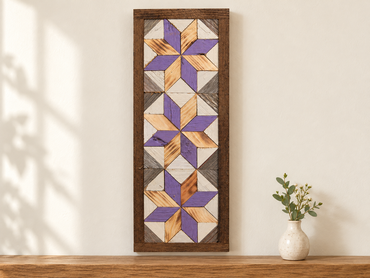 S19 — horizontal three-star wooden barn quilt wall art, three lavender and natural honey wood stars on weathered white and gray triangles, displayed on an indoor wall in a styled home