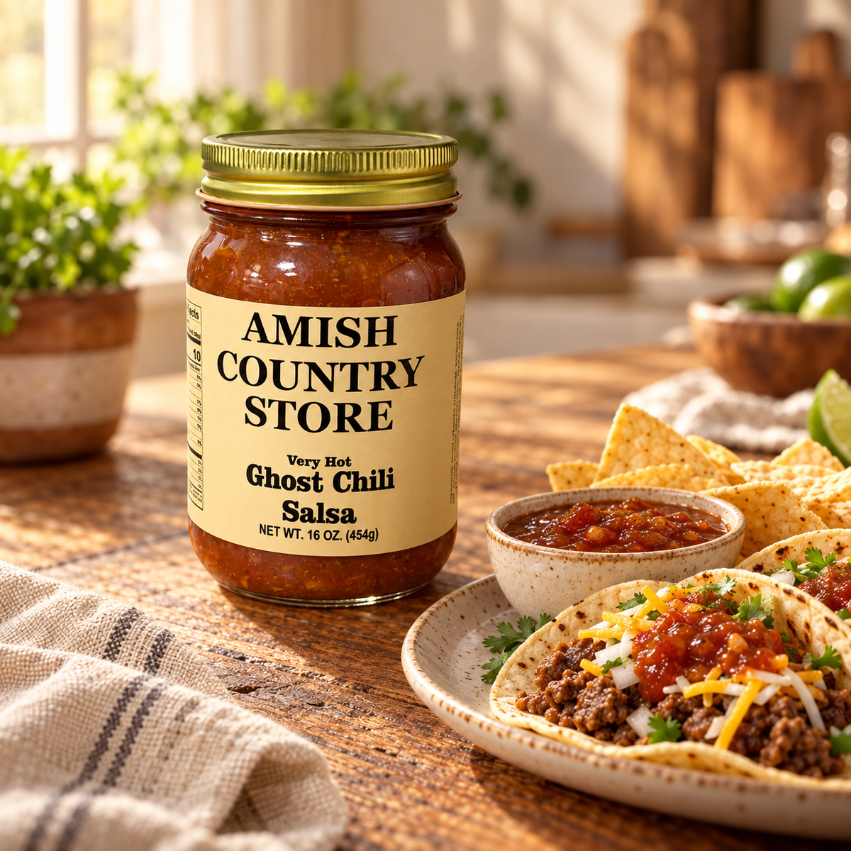 Ghost Chili Salsa jar beside beef tacos, tortilla chips and a bowl of salsa on a farmhouse table.