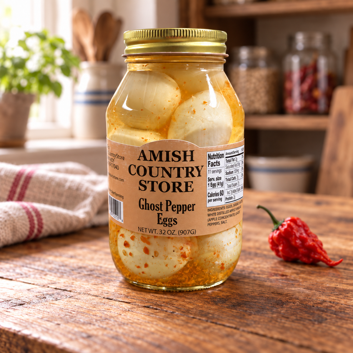 Ghost Pepper Pickled Eggs | 32 oz jar on a rustic kitchen table