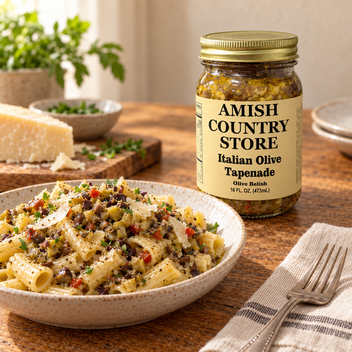 Italian Olive Tapenade 16 fl oz jar beside a bowl of pasta tossed with olive relish and parmesan