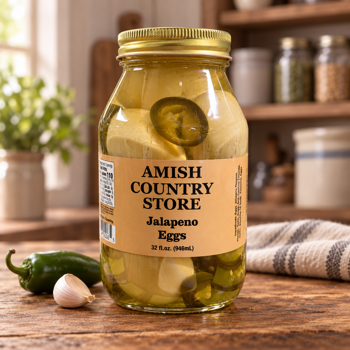Jalapeño Pickled Eggs with Garlic | 32 fl oz jar on a rustic kitchen table