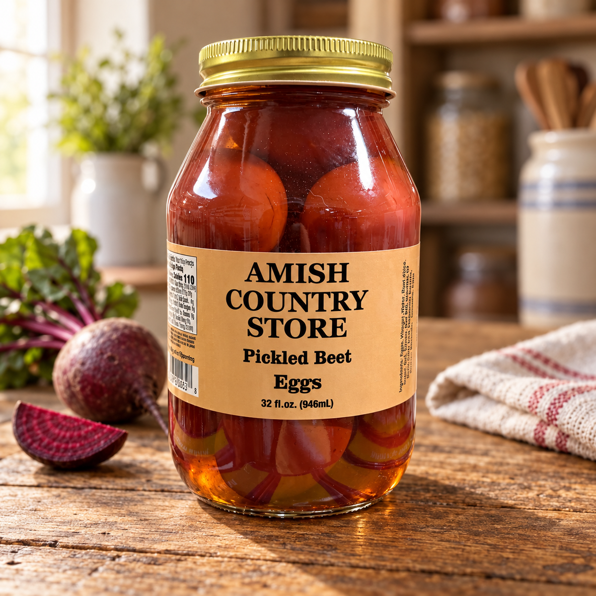 Pickled Beet Eggs | Sweet & Tangy | 32 fl oz jar on a rustic kitchen table
