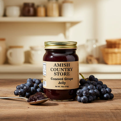 Jar of Amish Country Store Concord Grape Jelly on a gray background
