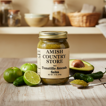 Jar of Amish Country Store salsa on a wooden table with ingredients