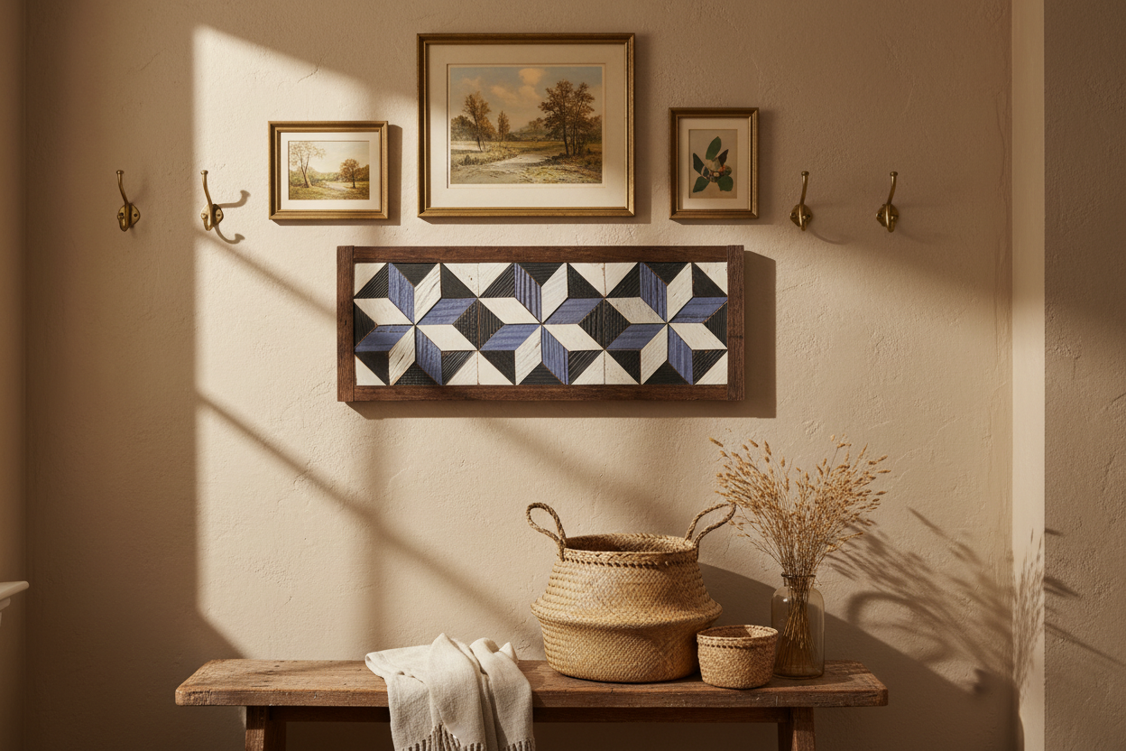 Handmade Amish 3 Stars Barn Quilt Wall Art – 15.5in x 6in Reclaimed Wood Mosaic