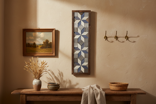 Handmade Amish 4 Stars Barn Quilt Wall Art – 20.5in x 6in x 2in Reclaimed Wood Mosaic