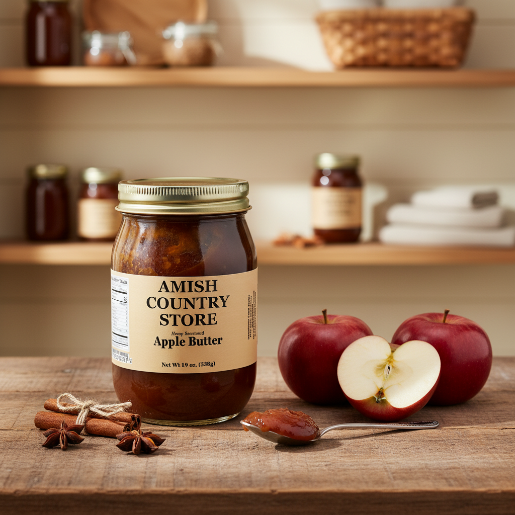Jar of Amish Country Store Apple Butter on a white background
