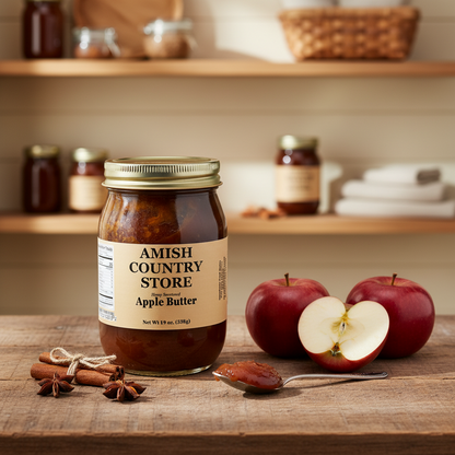 Jar of Amish Country Store Apple Butter on a white background