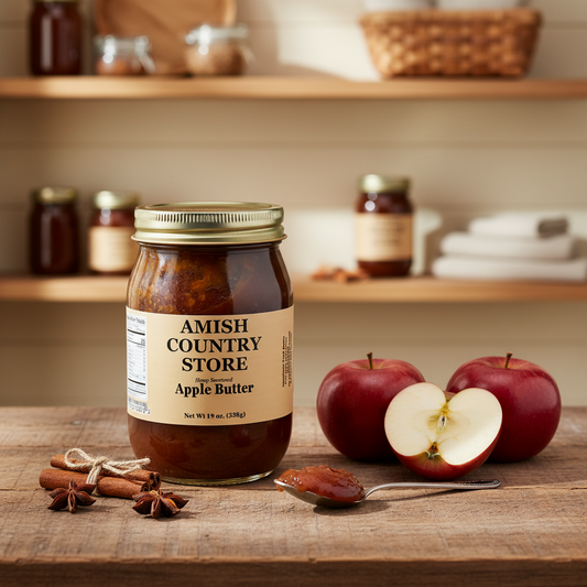 Jar of Amish Country Store Apple Butter on a white background