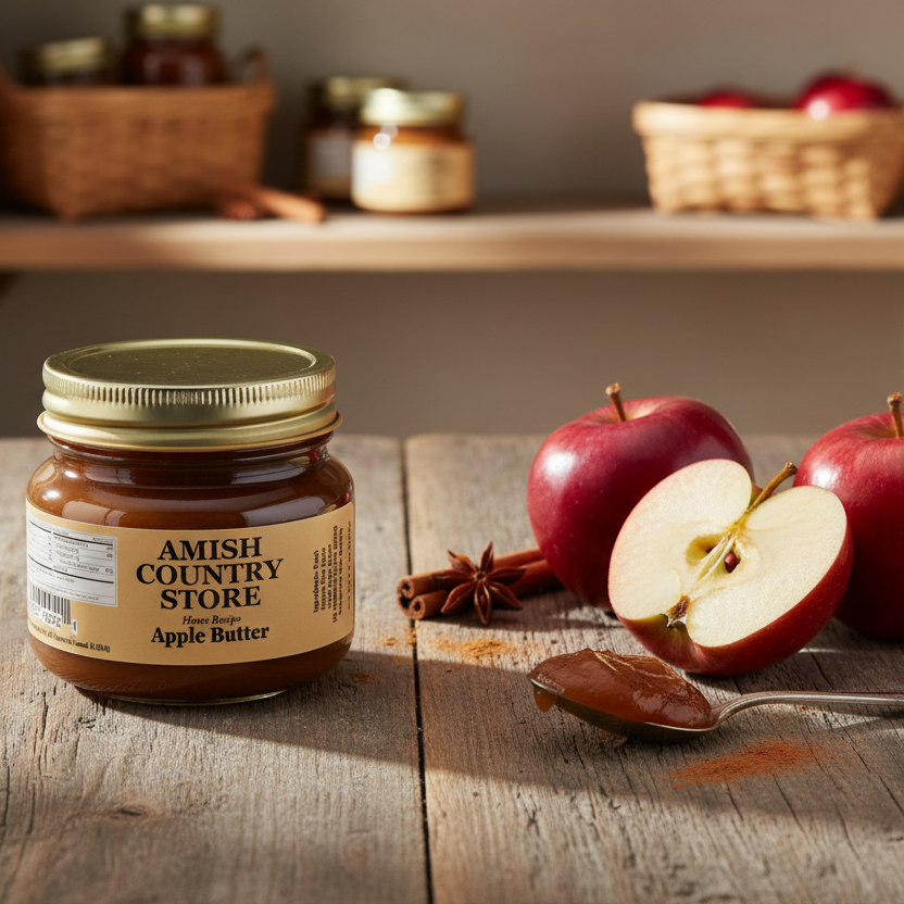 Amish Country Style apple butter jar on a wooden table with apples and spices.
