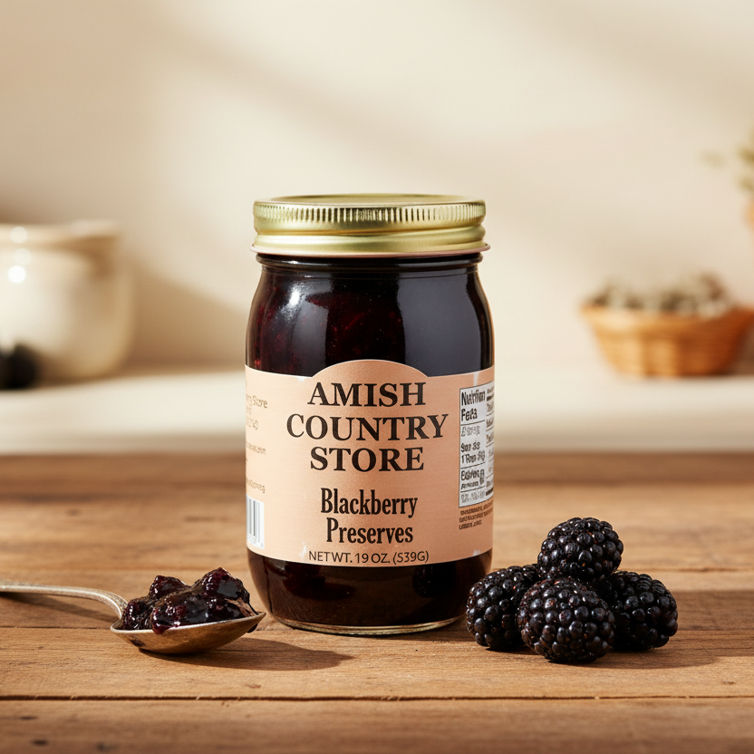 Jar of Amish Country Store Blackberry Preserves on a wooden surface with blackberries and a spoon.