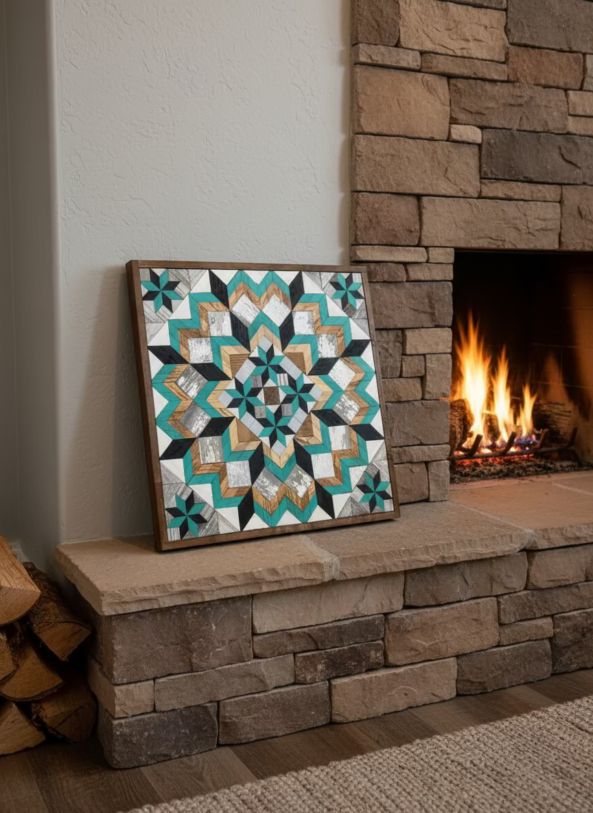Decorative quilt on a stone fireplace mantle with a fire burning inside