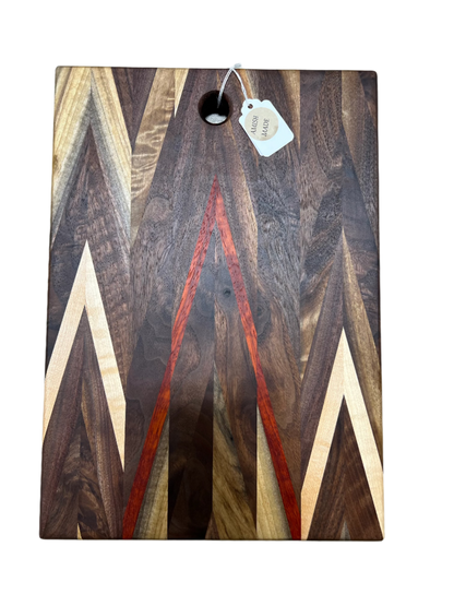 Handcrafted Amish Chevron Cutting Board – Multi-Wood Inlay, Beeswax Finish (9.5” x 14”)