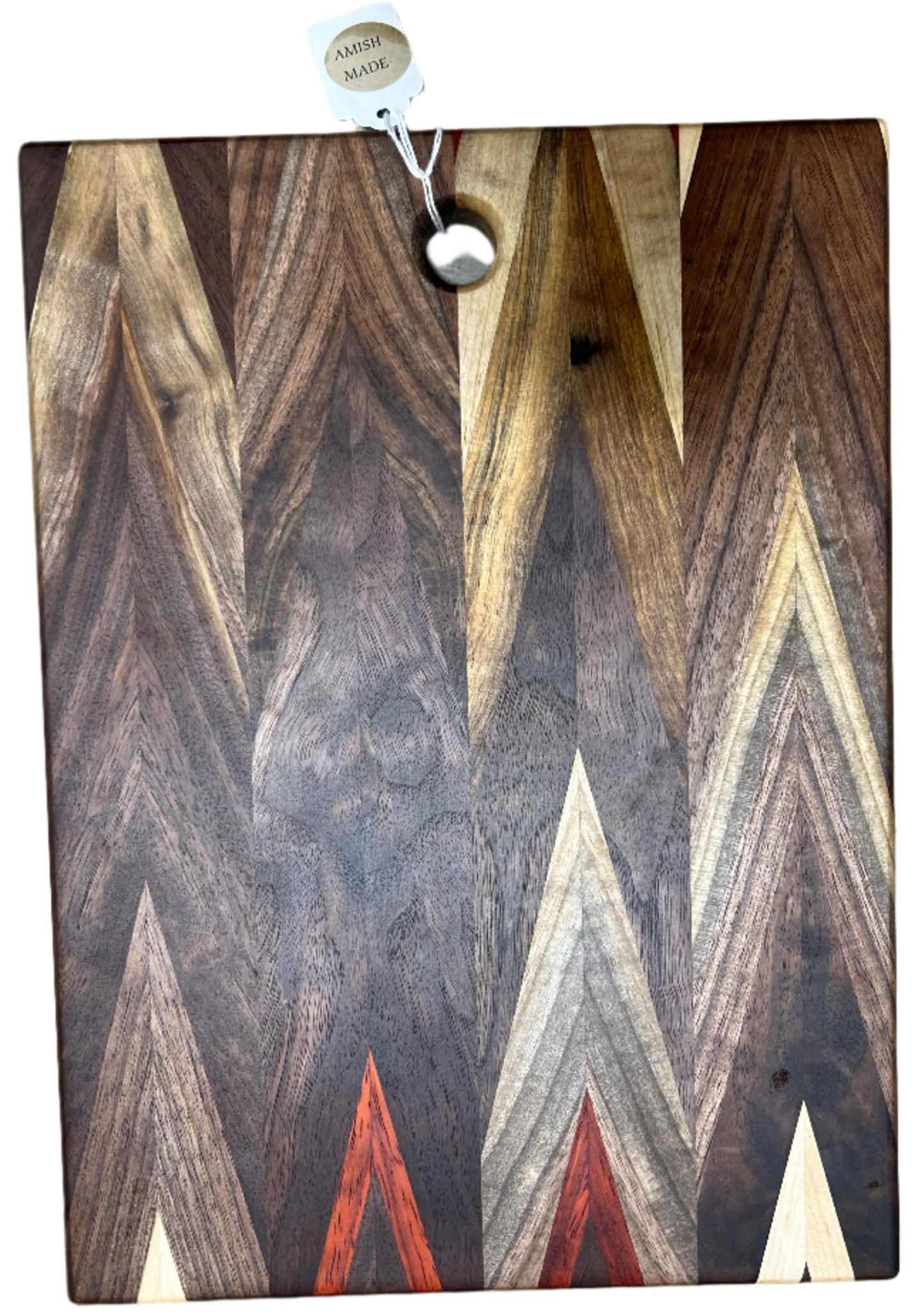 Handcrafted Amish Chevron Cutting Board – Multi-Wood Inlay, Beeswax Finish (9.5” x 14”)