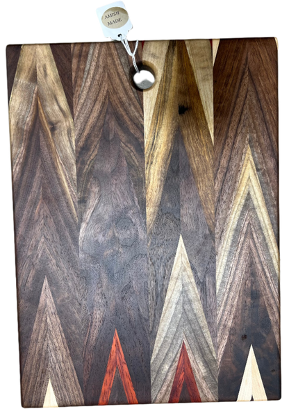 Handcrafted Amish Chevron Cutting Board – Multi-Wood Inlay, Beeswax Finish (9.5” x 14”)