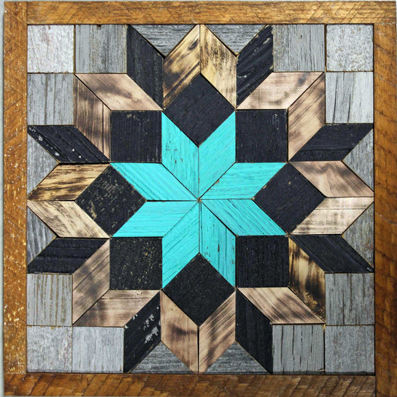 Amish Barn Quilt Wall Art, 10.5 x 10.5  Turquoise and Black Flower