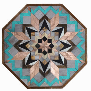 Amish Barn Quilt Wall Art, 3 by 3 Octagon: Turquoise and Copper Flower