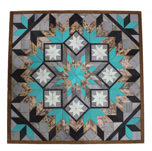 Amish Barn Quilt Wall Art, 3 by 3 Turquoise and Black Star Flower