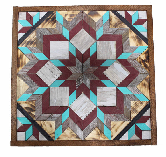 Amish Barn Quilt Wall Art, 2 by 2 Turquoise and Red Flower