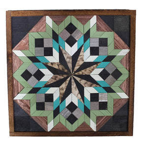 Amish Barn Quilt Wall Art, 2 by 2 Turquoise and Green Flower