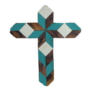 Amish Barn Quilt Wall Art, small cross: Turquoise and White