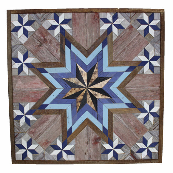 Amish Barn Quilt Wall Art, 3 by 3 Large Blue and White Starburst