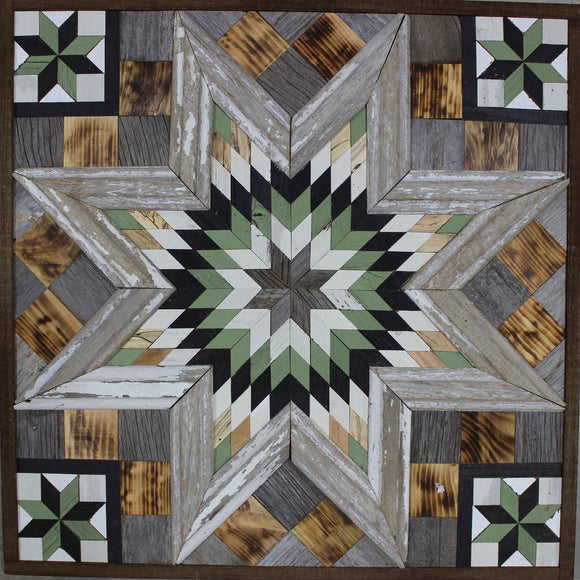 Amish Barn Quilt Wall Art, 3 by 3 Large Gray, Green, and Black Star
