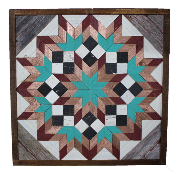 Amish Barn Quilt Wall Art, 2 Turquoise and Red Flower