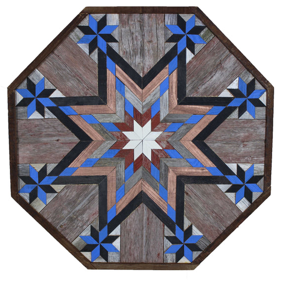 Amish Barn Quilt Wall Art, 3 by 3 Large Octagon: Blue and Red Starburst