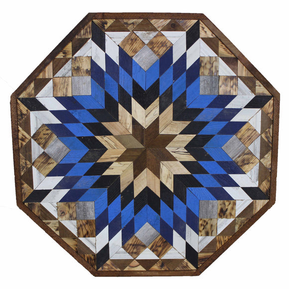Amish Barn Quilt Wall Art, 3 by 3 Large Octagon: Blue and Black Flower