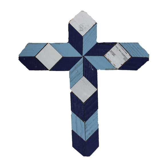 Amish Barn Quilt Wall Art, small cross: Dark and light blue