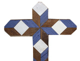 Amish Barn Quilt Wall Art, small cross: blue, brown, and white