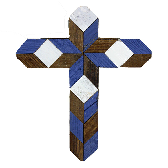 Amish Barn Quilt Wall Art, small cross: blue and white