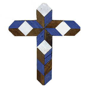 Amish Barn Quilt Wall Art, small cross: blue, brown, and white