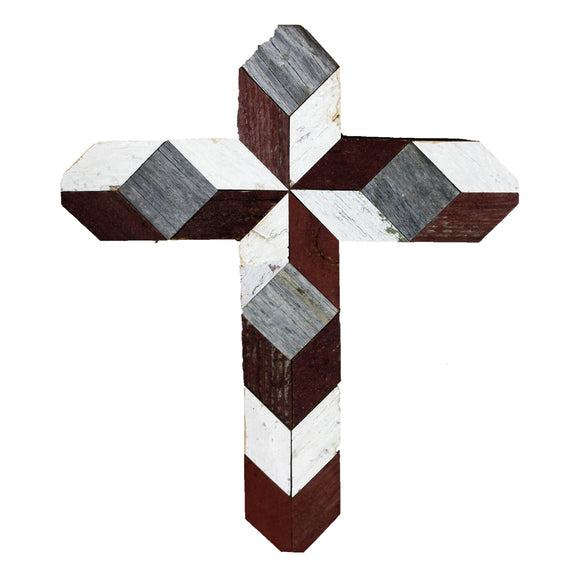 Amish Barn Quilt Wall Art, small cross: red, gray, and white