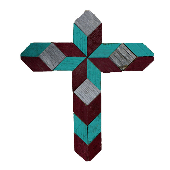 Amish Barn Quilt Wall Art, small cross: turquoise and red