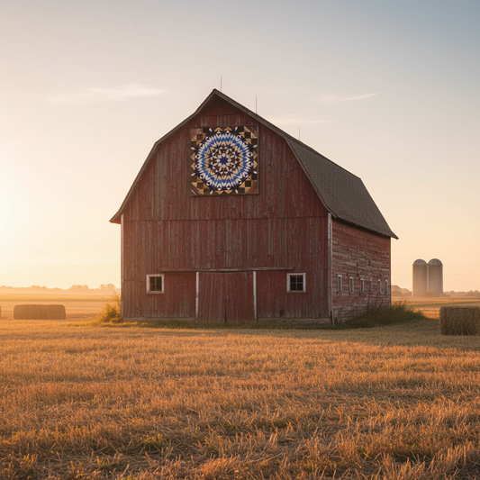 Red barn with a quilt pattern on its side in a field at sunset