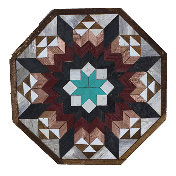 Amish Barn Quilt Wall Art, 2 by 2 Octagon: Turquoise and Copper Flower