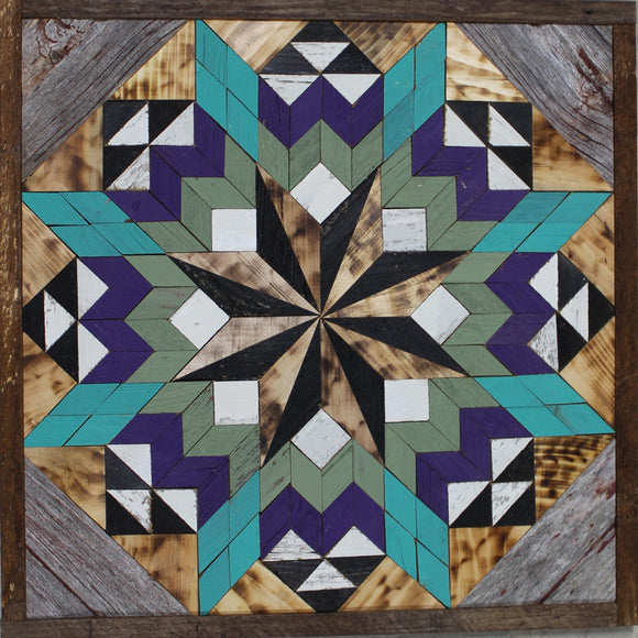 Amish Barn Quilt Wall Art, 2 by 2 Turquoise, Green, and Purple Flower