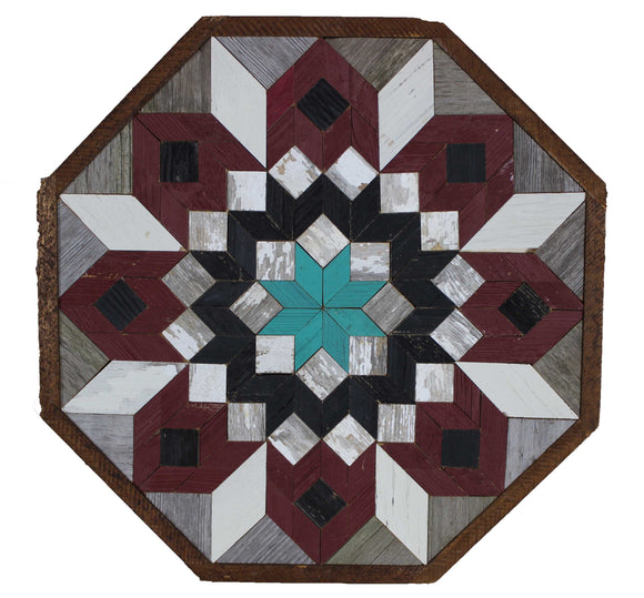 Amish Barn Quilt Wall Art, 2 by 2 Wine and Turquoise Flower
