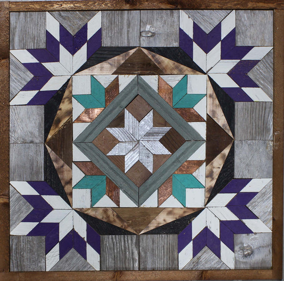 Amish Barn Quilt Wall Art, 2 by 2 Purple and Teal Starburst