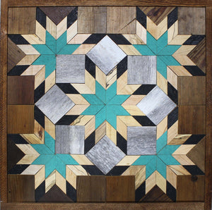 Amish Barn Quilt Wall Art, 2 by 2  Teal and Black Flowerburst