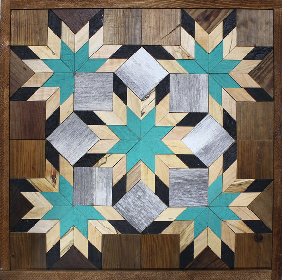 Amish Barn Quilt Wall Art, 2 by 2  Teal and Black Flowerburst