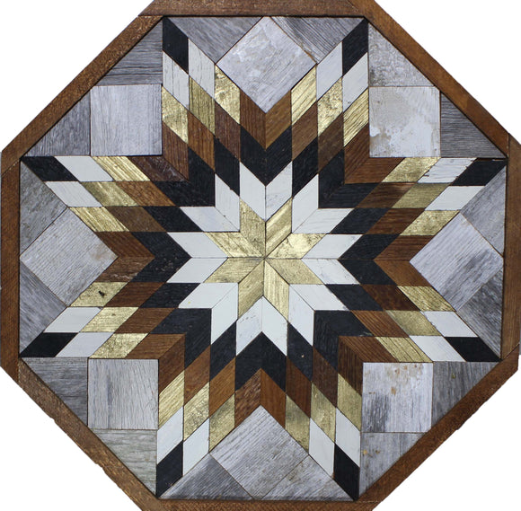 Amish Barn Quilt Wall Art, 2 by 2 Octagon: Gold, Black, and White Star