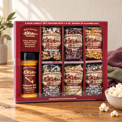 6-Pack Popcorn Kernel Variety Set with Seasoning Salt | Amish Country Popcorn — product scene with a warm country pantry setting. Serving props are not included.