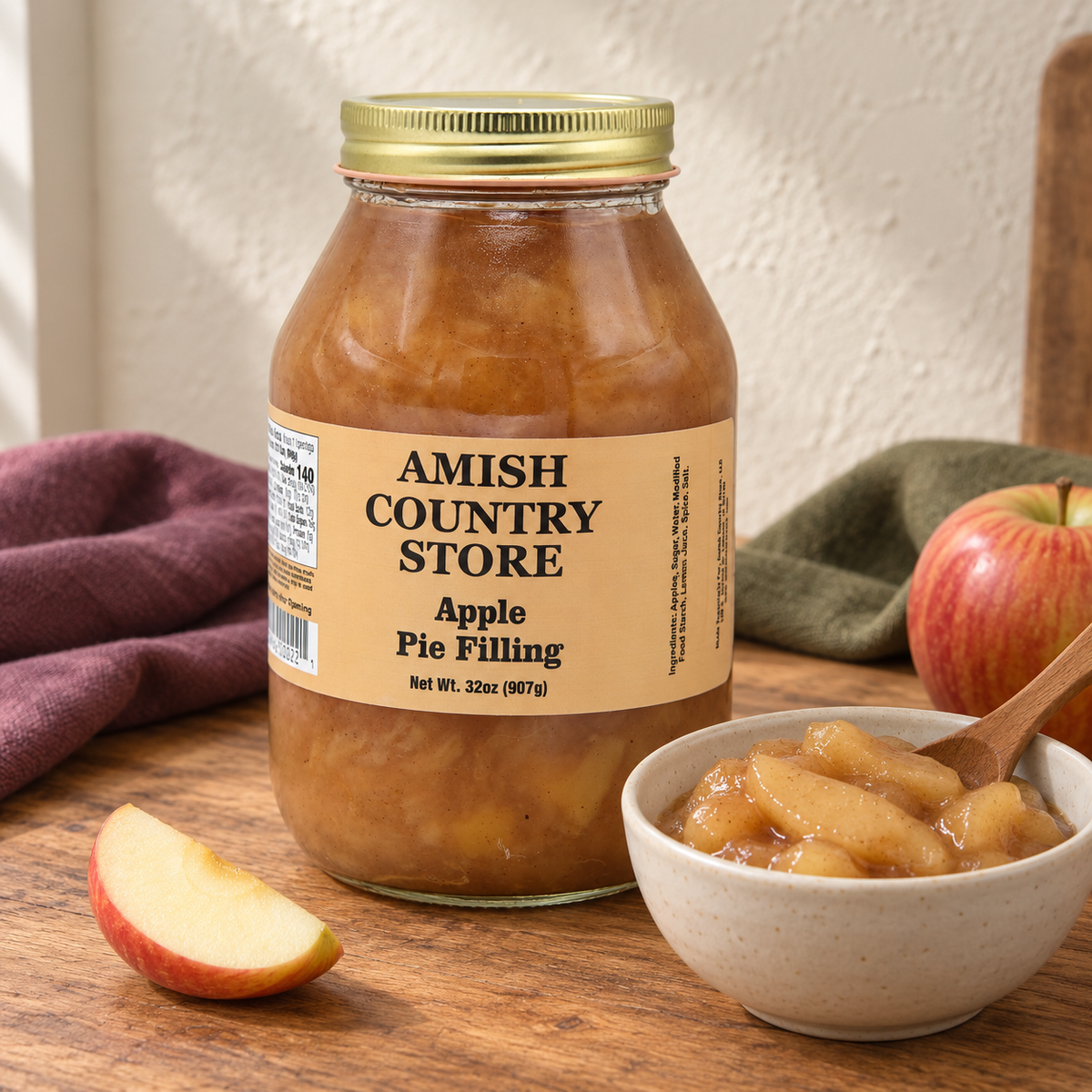 Apple Pie Filling, 32 oz (907g), beside a small serving and fruit