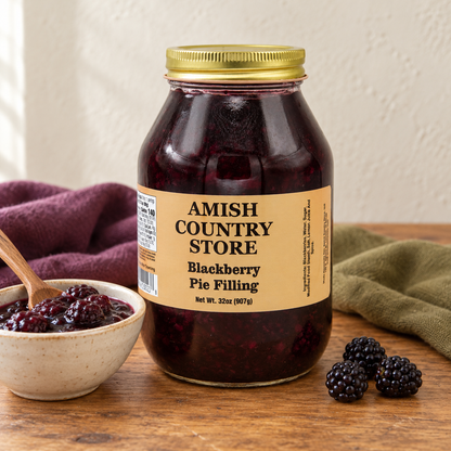Blackberry Pie Filling, 32 oz (907g), beside a small serving and fruit